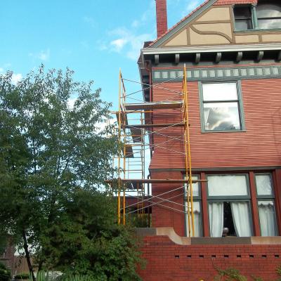 Much of the work needed to be done very high up. We had very safe staging set up so we could work on replacing some historic crown molding that wraps around the building